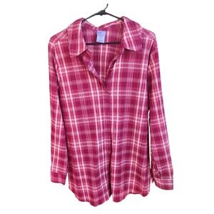 Just My Size Womens 2X Plaid Long Sleeve Button Down Shirt Cherry Plaid